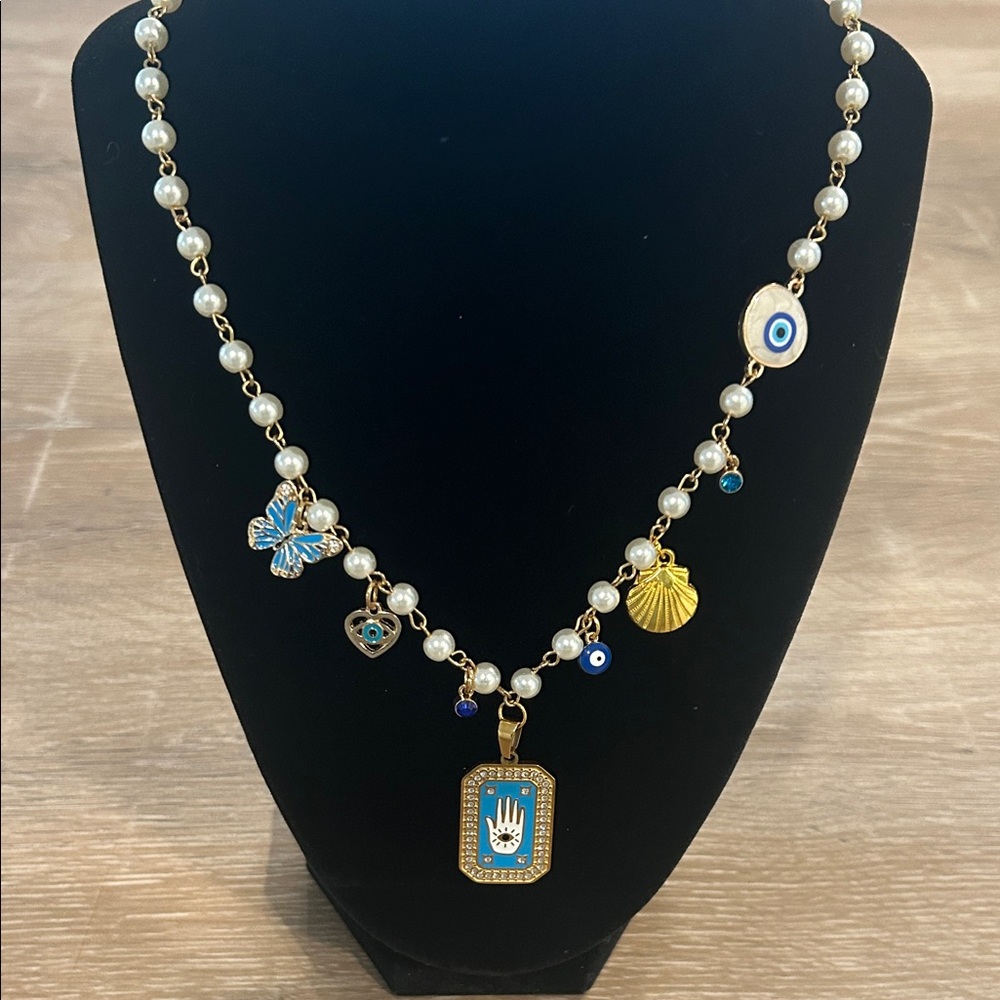 Pearl, Gold and Blue Charm Necklace